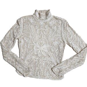 Cache' Ivory Sheer Embroidered Mock Neck Long Sleeve Blouse Size M